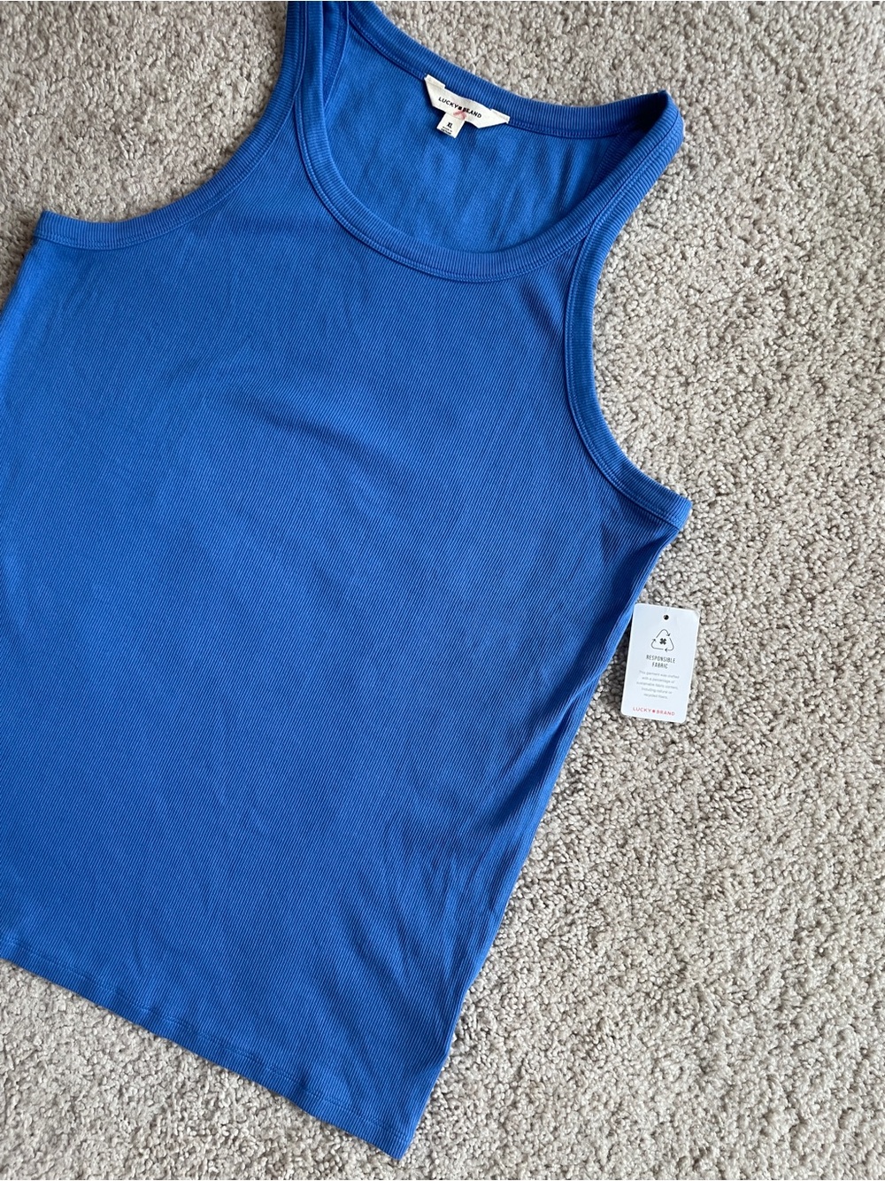 Lucky Brand Light Blue Fitted High Neck Ribbed Knit Sleeveless Tank Top Size XL - Picture 3 of 9